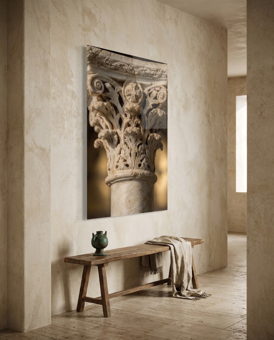 Deep-carved acanthus leaves curl around a cross medallion in luminous marble, light and shadow tracing every drilled contour.