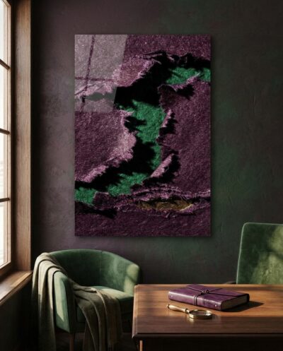 Deep plum layers ripped apart to disclose a burning vein of emerald, ragged fibrous edges glowing where the light slips through.