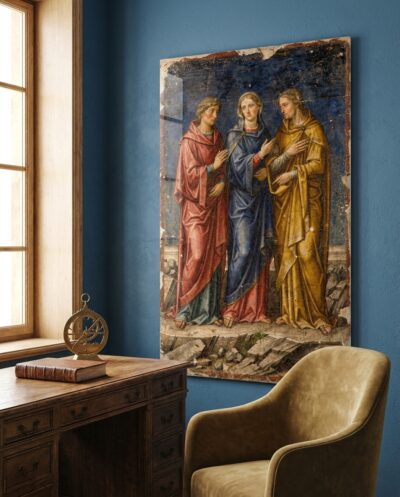 Three robed figures draw close on a bare stone ledge beneath a deep blue sky, their heavy cloaks and grave faces holding a moment of quiet consolation.