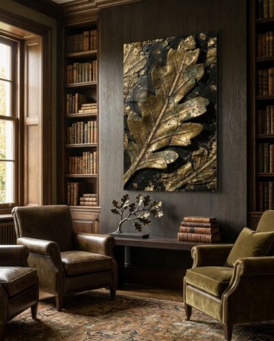 A worn bronze oak leaf floats over darkness, its patina blooming green and violet across cracked, lifting metal.