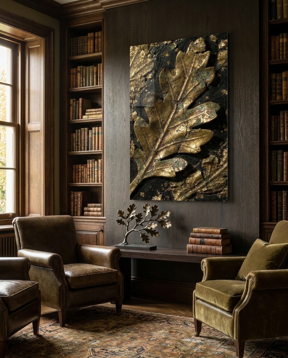 A worn bronze oak leaf floats over darkness, its patina blooming green and violet across cracked, lifting metal.