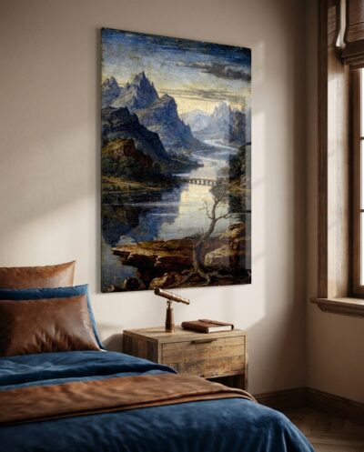 Jagged peaks dissolve into humid blue haze above a winding river and a slender arched bridge.