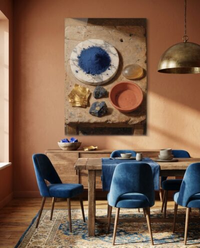On a veined marble slab rest a mound of ground ultramarine, raw lapis, a stack of gold leaf and a terracotta bowl, the humble matter from which blue and gold are born.