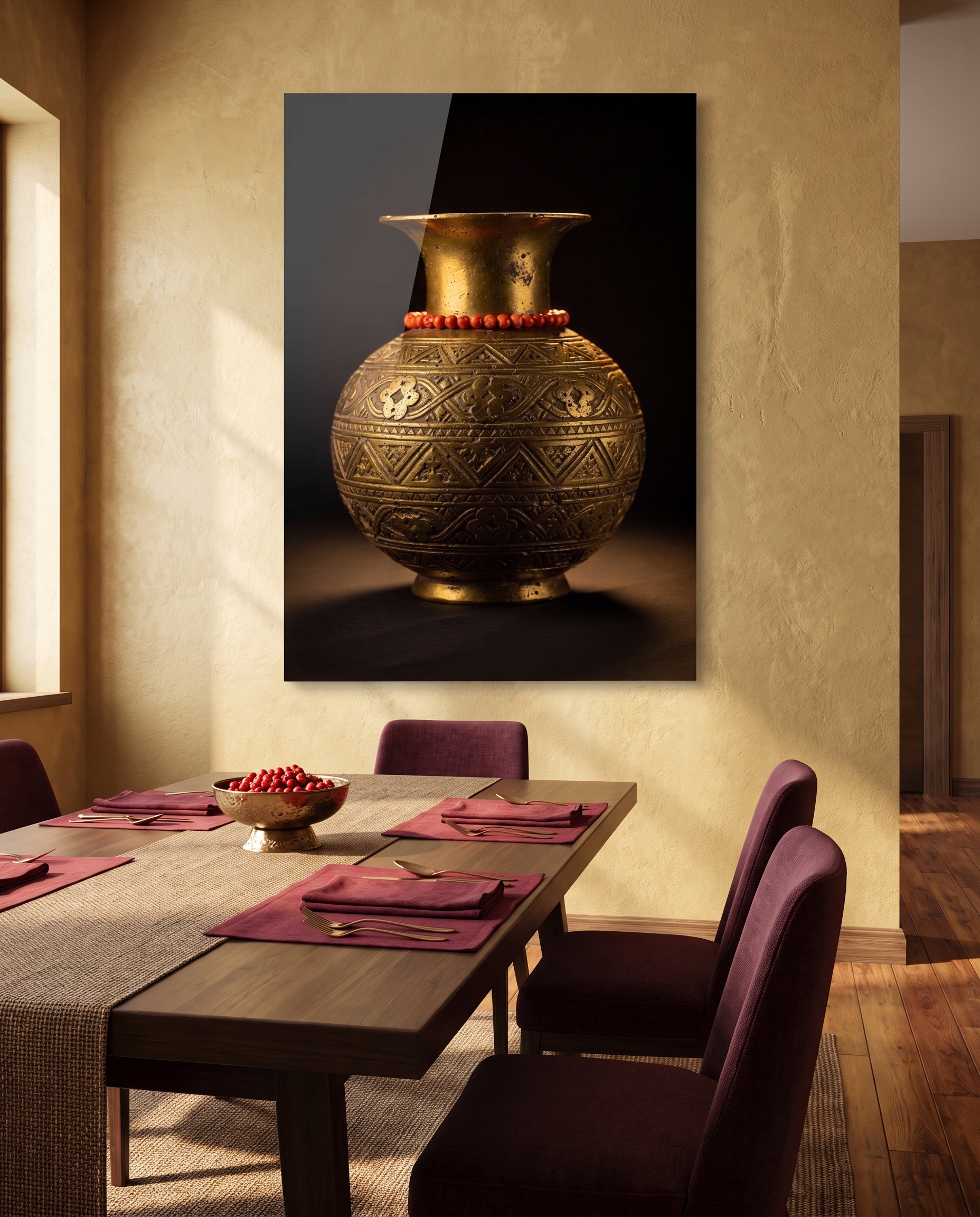 A ceremonial brass vessel banded with incised geometry, crowned by a string of coral, glowing warm against velvet black.