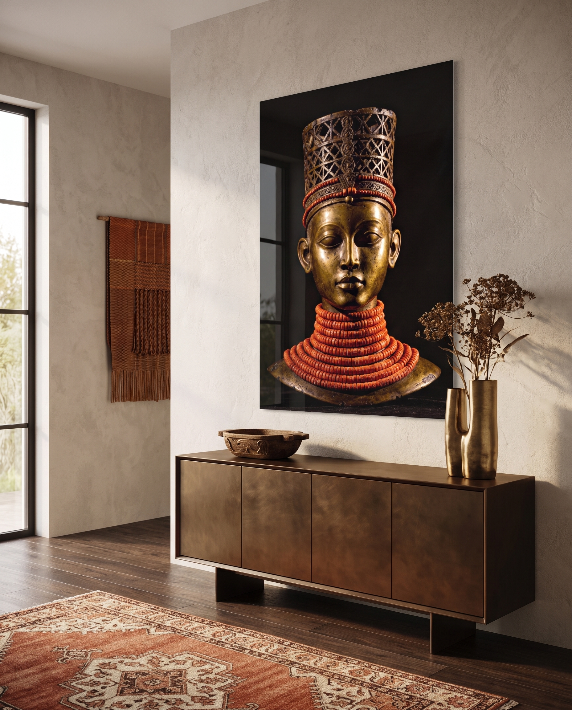 A serene bronze altar head crowned with a towering openwork headdress, its shoulders wrapped in tier upon tier of coral-red beads against velvet black.
