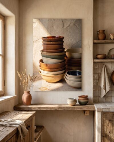 A sunlit stack of thrown bowls, their uneven rims and wheel rings warm from the potter's hands, one glazed deep indigo within.
