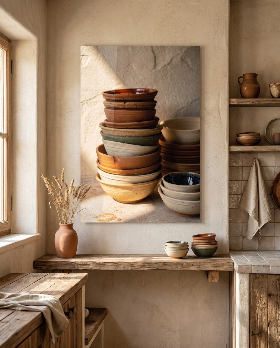 A sunlit stack of thrown bowls, their uneven rims and wheel rings warm from the potter's hands, one glazed deep indigo within.