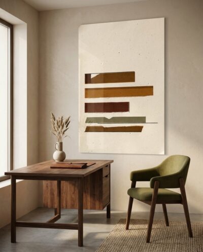 Four uneven bars stack low in caramel, sienna and olive, a calm rhythm of warm horizontal weight against open cream.