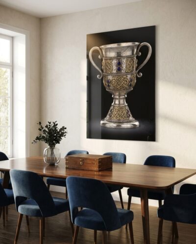 A two-handled silver chalice gleams against darkness, its beaded rims, gold interlace and studs of deep-blue enamel catching a single arc of light.