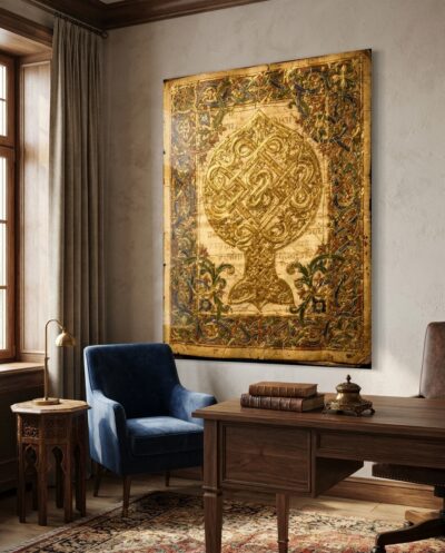 A luminous gold knotwork rises like a chalice through jewel-toned interlace on aged vellum, ornamental splendour distilled to a single radiant page.