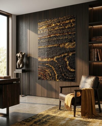 Charred black wood, its grain split into deep fissures where molten gold pours and catches a low, raking light.