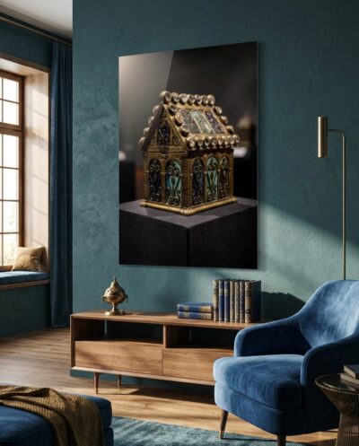 A gilded house-shaped reliquary glows with deep blue enamel and rows of crystal cabochons, set against soft darkness.