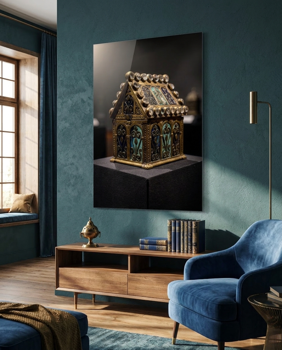 A gilded house-shaped reliquary glows with deep blue enamel and rows of crystal cabochons, set against soft darkness.