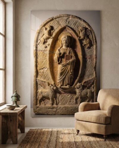 A carved limestone Christ raises his hand in blessing within an almond-shaped halo, ringed by the four winged evangelist symbols and lit by raking light.