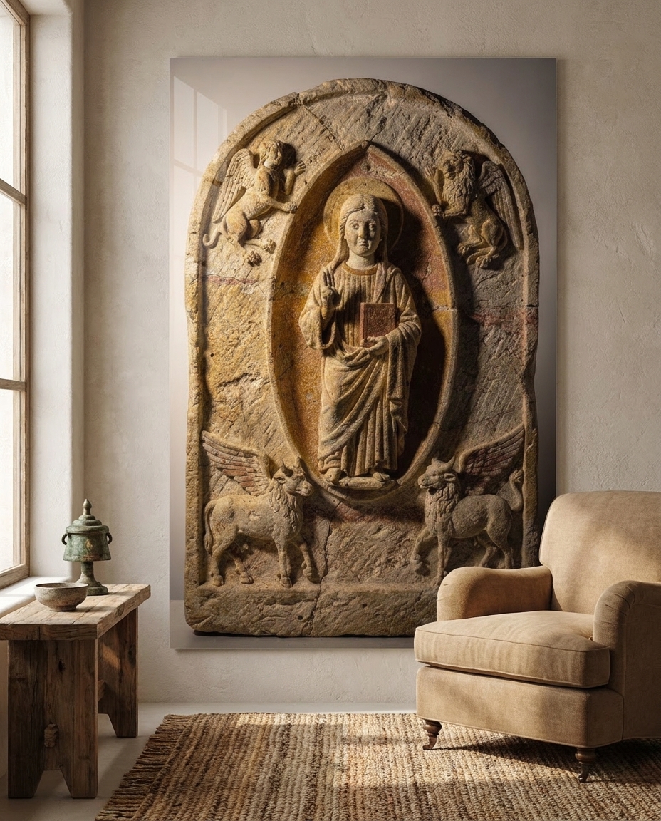 A carved limestone Christ raises his hand in blessing within an almond-shaped halo, ringed by the four winged evangelist symbols and lit by raking light.