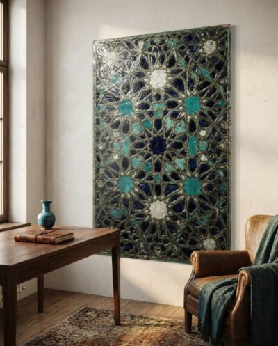 An endless lattice of cobalt and turquoise stars, glazed and gleaming, that seems to continue far past its own edges.