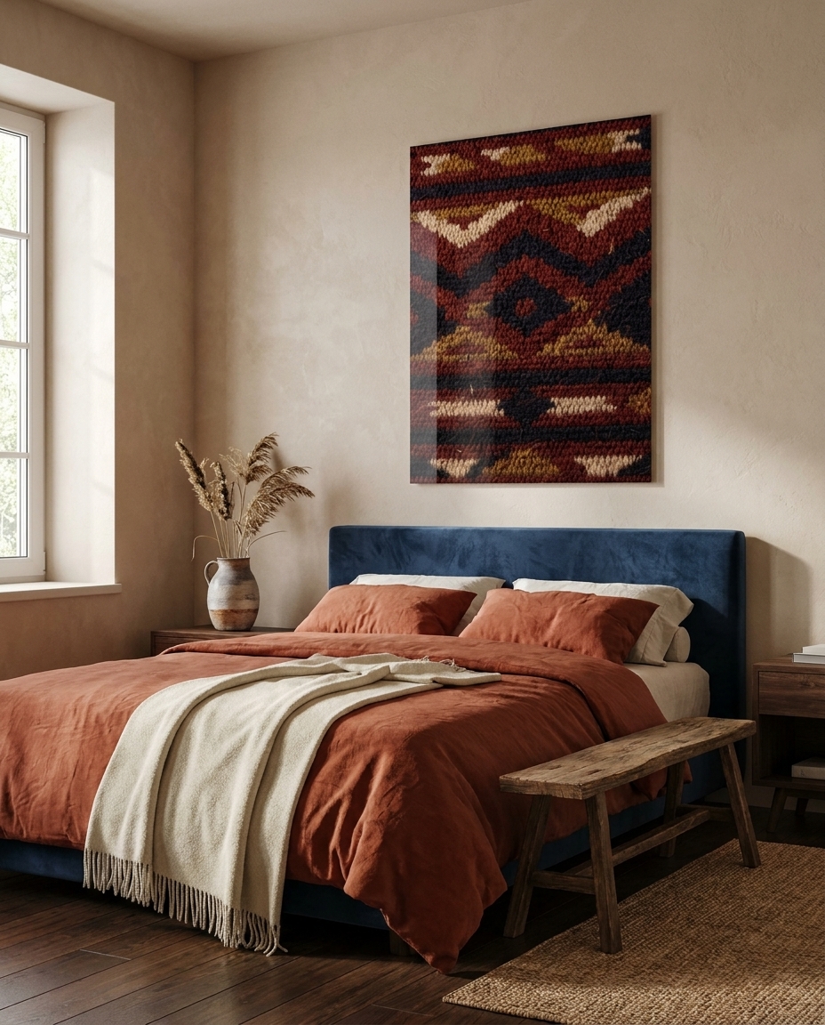 A close weave of stepped diamonds in cochineal red and indigo, every thread rendered tangible.