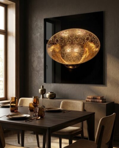 A single lustreware bowl blooms with copper-gold iridescence, its scrolling ornament floating on a pool of near-black darkness.