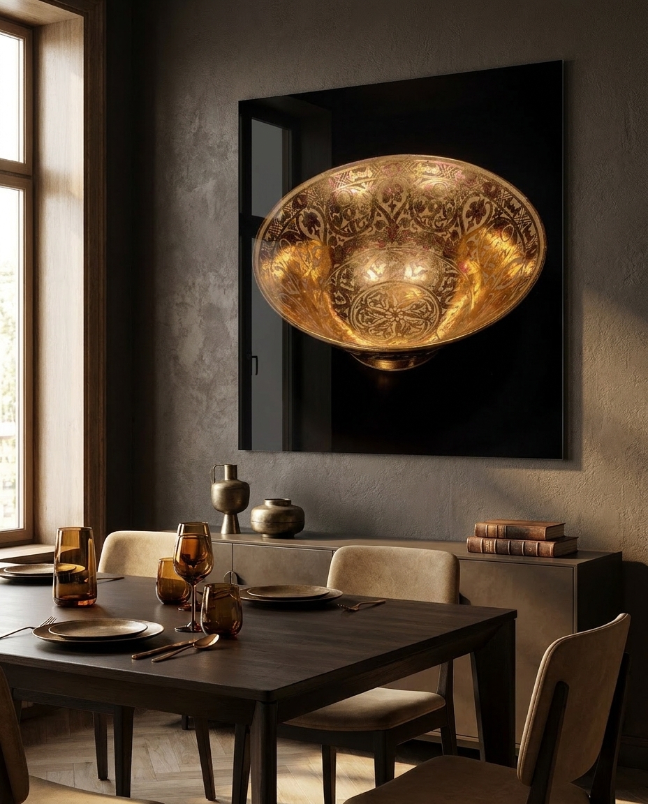 A single lustreware bowl blooms with copper-gold iridescence, its scrolling ornament floating on a pool of near-black darkness.