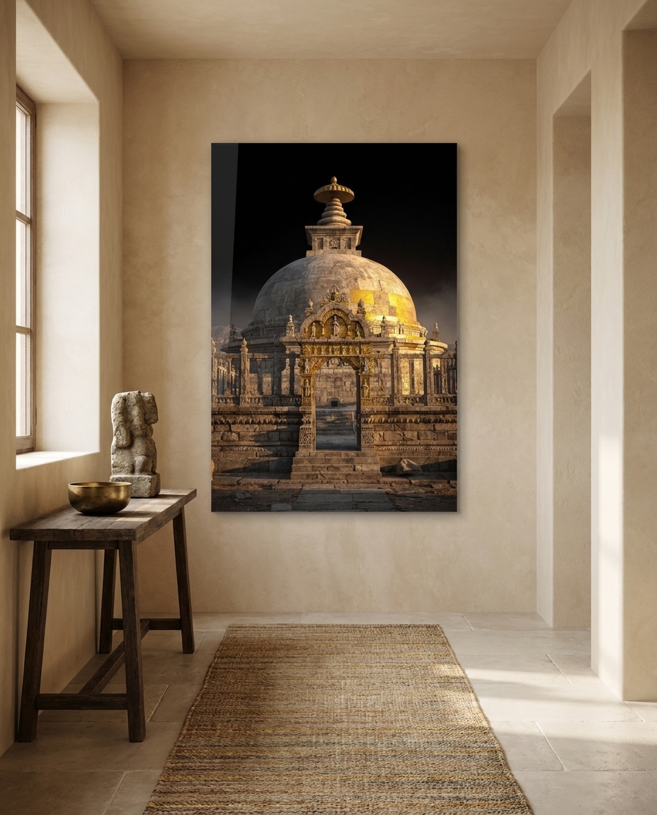 A great stupa dome rises in low golden light, its carved gateway and stone railing holding centuries of quiet devotion.