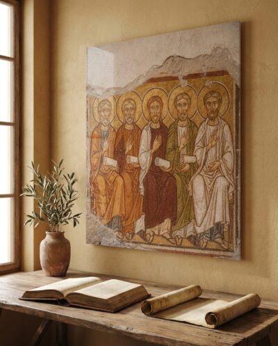 Five haloed elders sit in ochre and terracotta robes, scrolls in hand, painted directly onto plaster now softened by age.