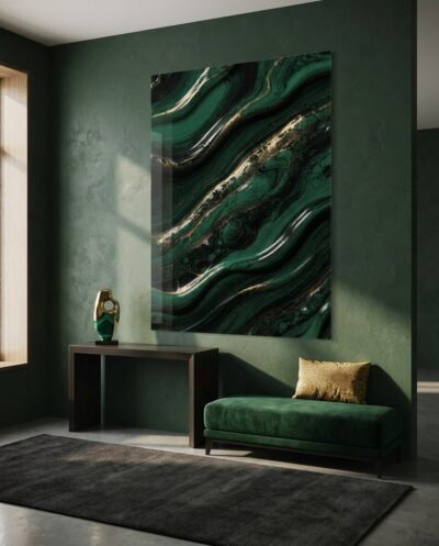 Poured emerald enamel caught mid-flow, glossy and alive, threaded with molten bronze that marbles through the deep green like metal set in glass.