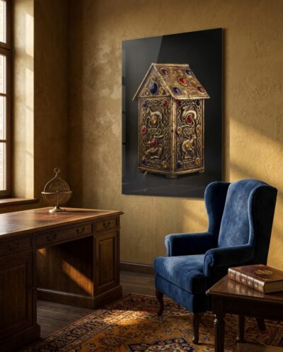 A gabled bronze reliquary glows against darkness, its panels alive with coiled beasts and jewel-bright bosses of red, blue and amber.