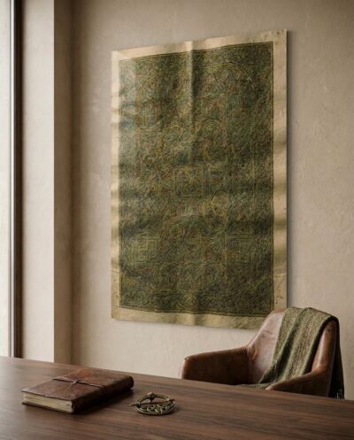 An unbroken field of Celtic interlace in orpiment, verdigris and woad, glowing across aged vellum without beginning or end.