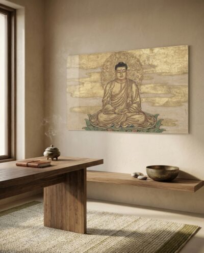 A serene golden Buddha rests in meditation before a halo of scrolling clouds, hands folded, eyes half-closed, glowing across a field of weathered gold leaf.