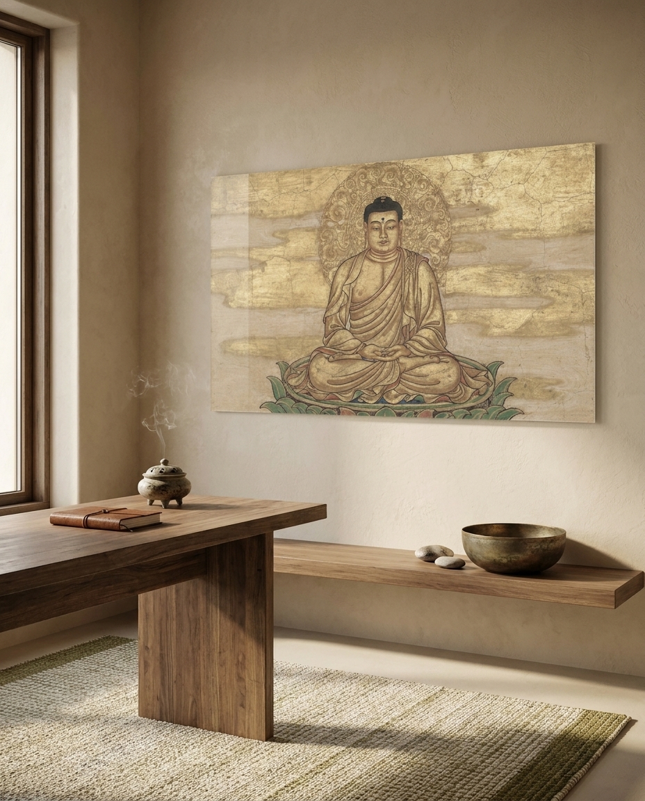 A serene golden Buddha rests in meditation before a halo of scrolling clouds, hands folded, eyes half-closed, glowing across a field of weathered gold leaf.