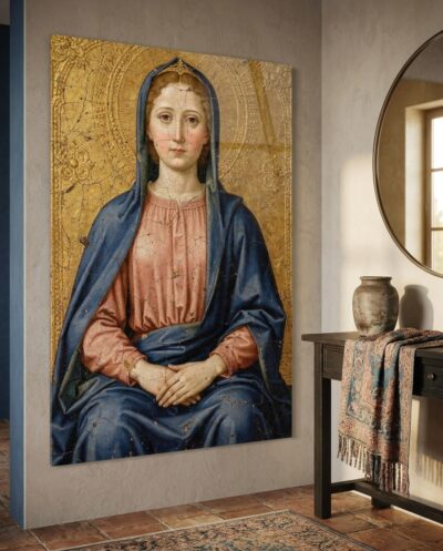 A seated figure wrapped in deep lapis blue rests upon a glowing gold ground, hands clasped in stillness beneath an incised radiant halo.