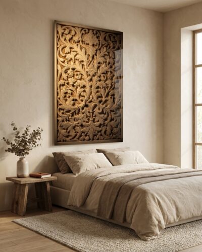 Deep-carved vines and acanthus leaves twist across a warm golden panel, alive with the sidelong play of light and shadow.