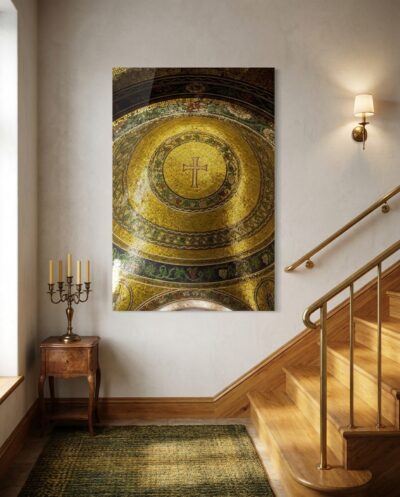 A curving apse of gold tesserae glows overhead, its vine borders encircling a single luminous cross in radiant light.