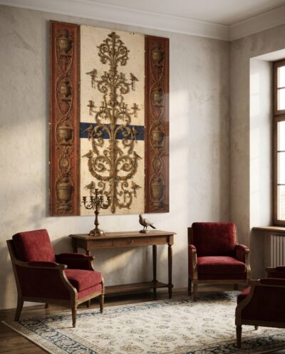 A slender candelabra of acanthus, urns and small birds climbs a pale ground framed by panels of Pompeian red and deep lapis.