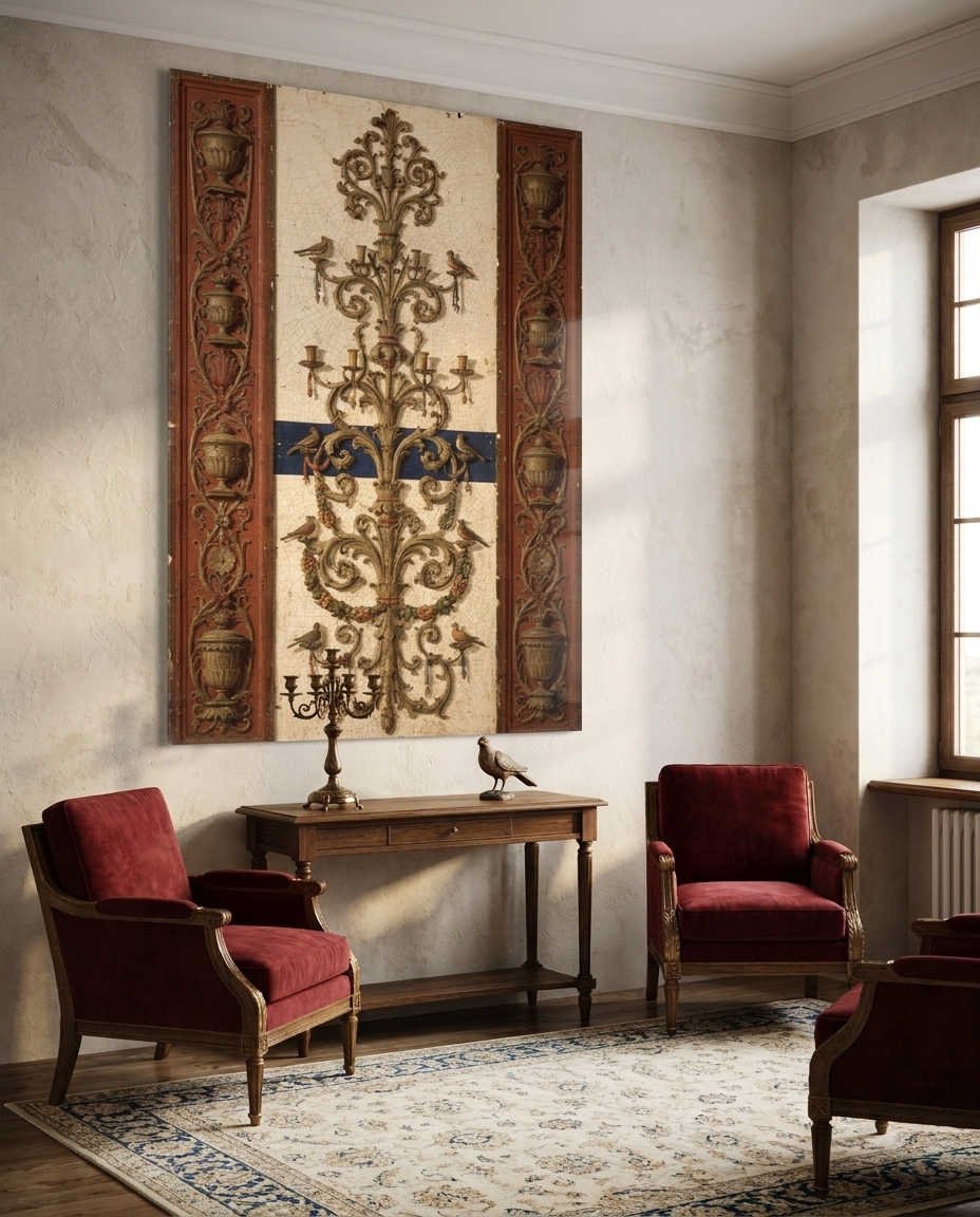 A slender candelabra of acanthus, urns and small birds climbs a pale ground framed by panels of Pompeian red and deep lapis.