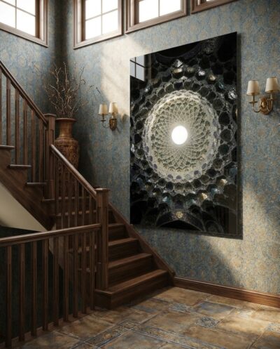 Looking straight up into a muqarnas vault that dissolves from a glowing oculus into endless honeycombed shadow, cobalt and ivory turning to pure rhythm.