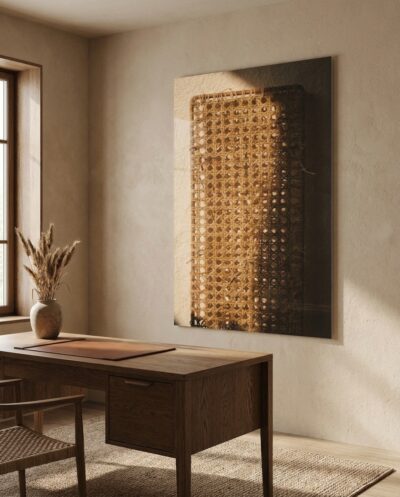 A hand-woven cane panel where low sun threads through the open weave and casts its own shadow across warm plaster.