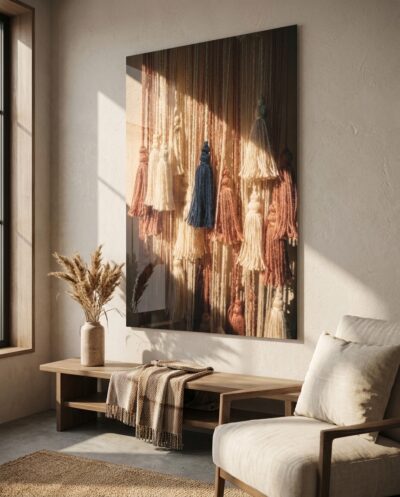 A soft cascade of hand-tied fringe and tassels, a single indigo strand slipping among warm creams and terracotta caught in sunlight.