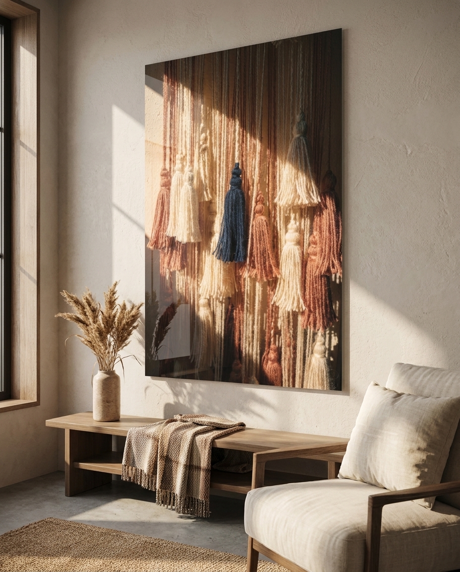 A soft cascade of hand-tied fringe and tassels, a single indigo strand slipping among warm creams and terracotta caught in sunlight.
