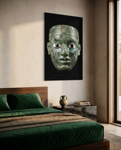 A polished jade mosaic mask, its eyes lined with turquoise, hovers in deep darkness with quiet, watchful serenity.