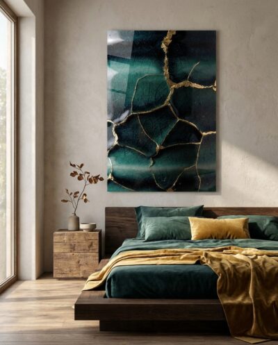 Deep-teal glaze splinters into a fine web of cracks, each fissure filled with molten gold that gleams and pools across the surface.