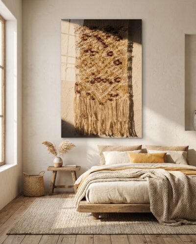 A curtain of hand-knotted cord where every square knot and half-hitch cradles a pocket of warm shadow, softened by raking afternoon light.