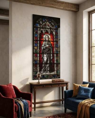 A haloed figure glows within a leaded lancet of blazing ruby and deep lapis, crowned by a carved Gothic gable.