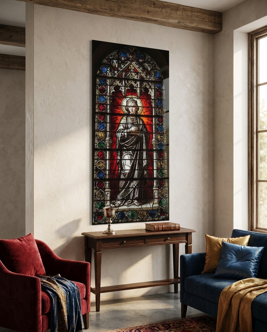 A haloed figure glows within a leaded lancet of blazing ruby and deep lapis, crowned by a carved Gothic gable.