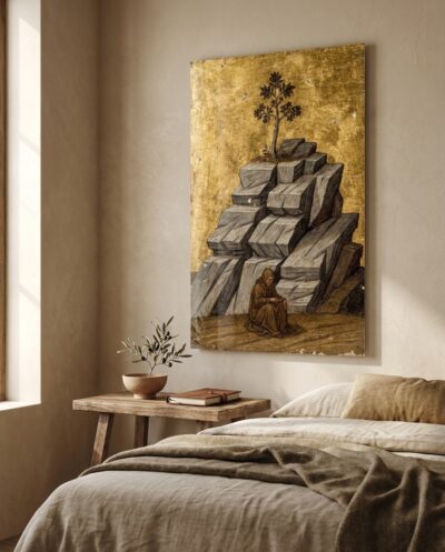 Bare rock ledges rise like steps against a burnished gold sky, where a single tree and a lone robed hermit hold the vast stillness.
