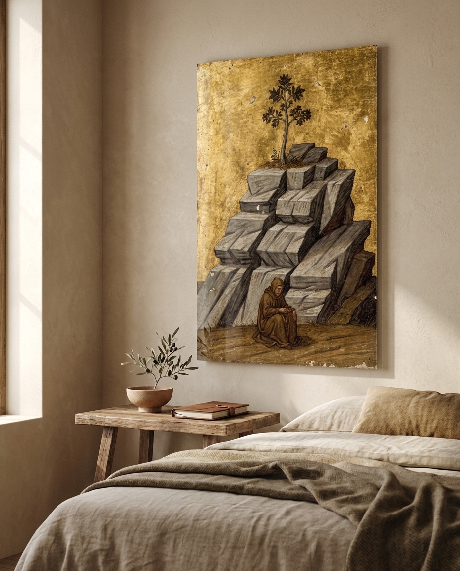 Bare rock ledges rise like steps against a burnished gold sky, where a single tree and a lone robed hermit hold the vast stillness.