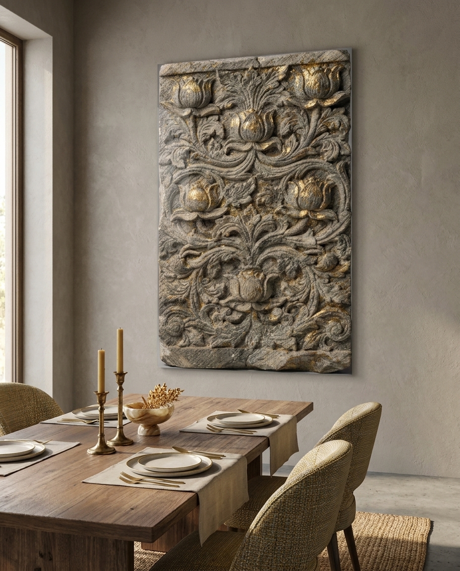 A carved stone frieze where lotus blooms and acanthus scrolls entwine, raking light drawing every petal and curl from grey schist touched with gold.