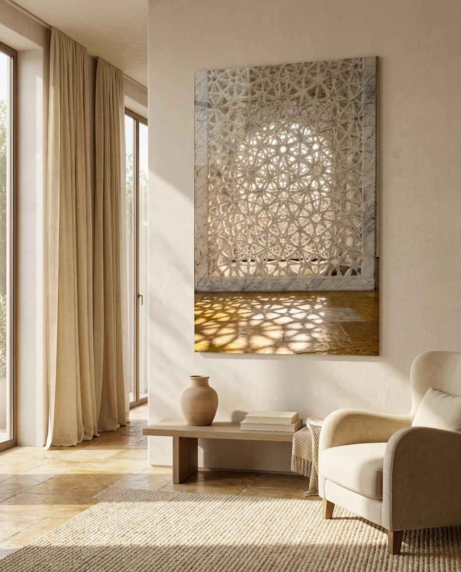 Daylight sifts through a pierced marble screen, laying its star-shaped geometry in soft gold across a warm stone floor.