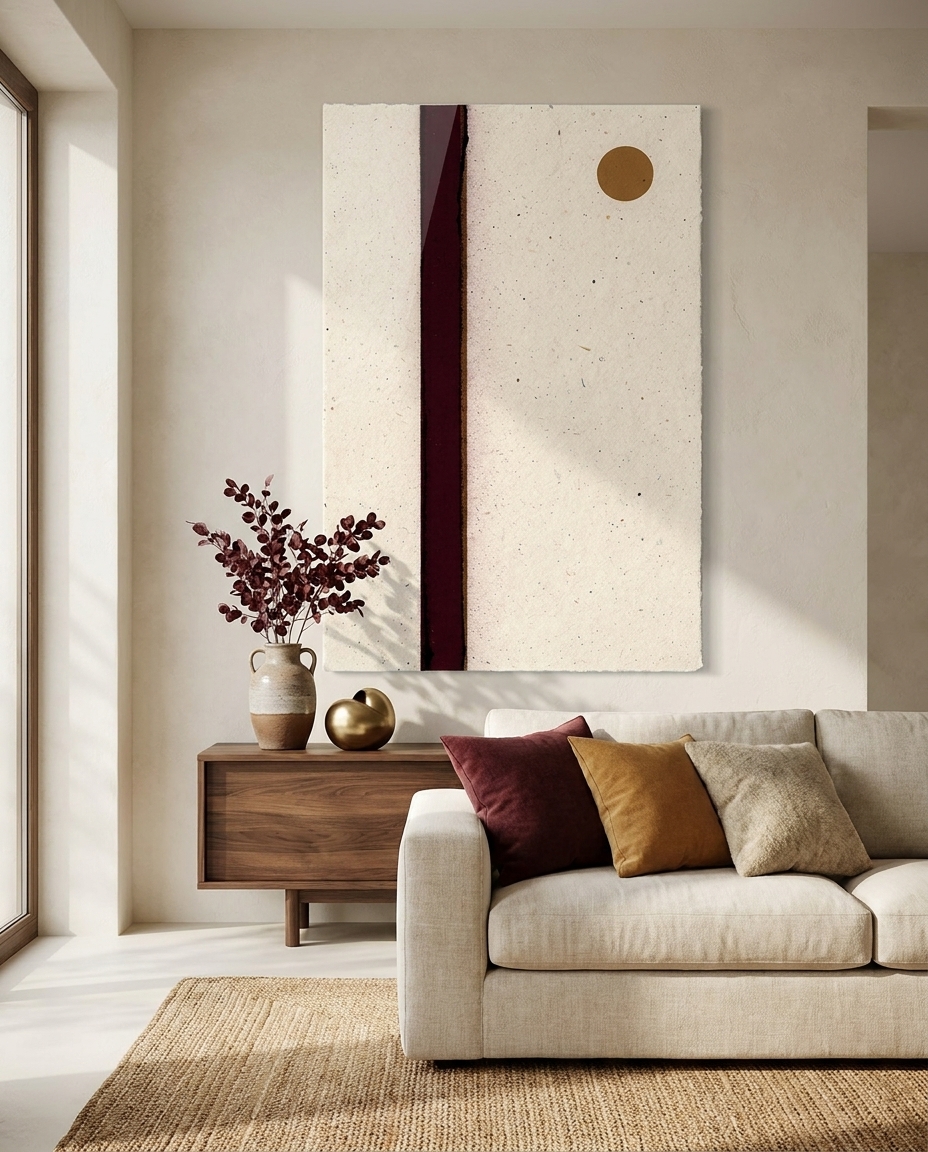 A single tall merlot rule stands slightly off-centre against vast warm paper, answered by one small caramel dot high on the right.