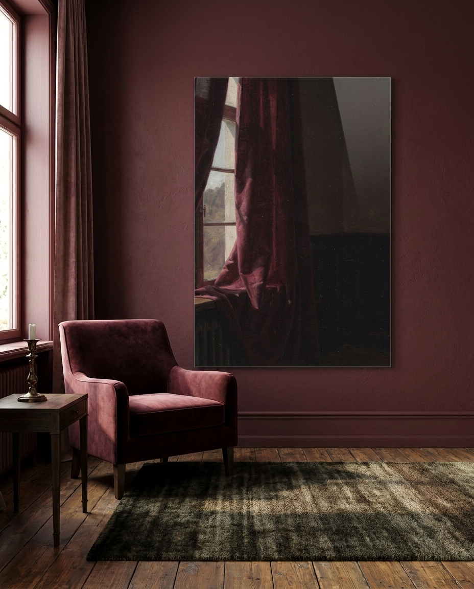 A heavy merlot velvet curtain, half-drawn across a tall window, backlit until the fabric glows like wine held to the light.